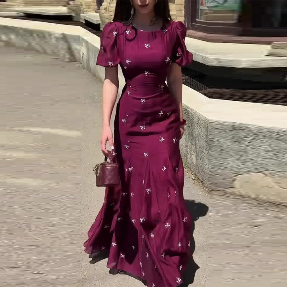 Forever 21 Burgundy Floral Puff Sleeve Tie Waist Maxi Dress
